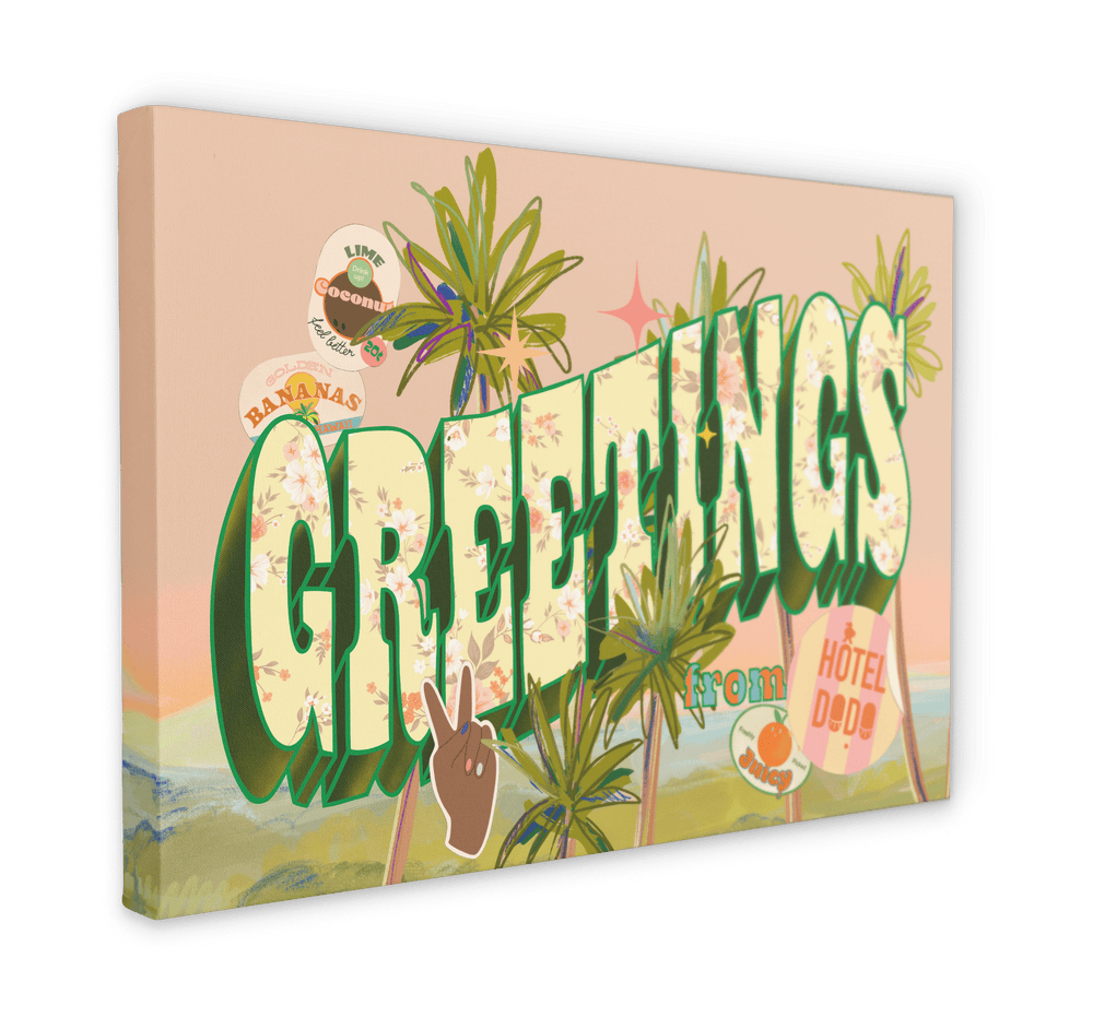 Discover the **Vintage Greetings Matte Canvas Print** by **Hôtel Dodo**, showcasing a vibrant design that prominently features the word "GREETINGS" with palm trees and various stickers, evoking nostalgic home decor.