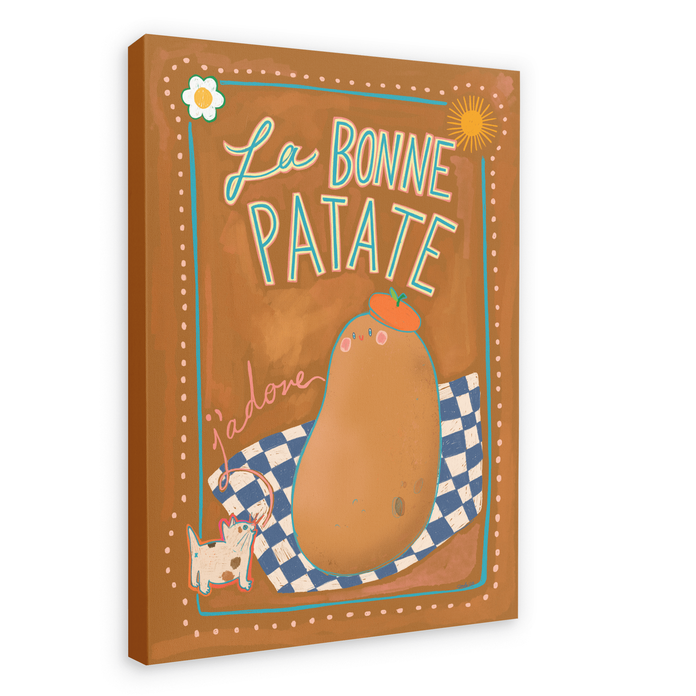 The La Bonne Patate Canvas Print by Aventures Des Créatures showcases a charming cartoon potato on a checkered cloth, adorned with the text "La Bonne Patate" and "J'adore," along with a small dog and flower in the design. This delightful piece highlights the potato as a versatile food.