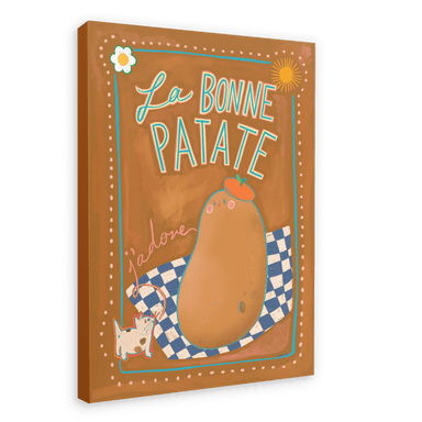 Illustration of a retro-style advertisement featuring a La Bonne Patate Canvas Print from Aventures Des Créatures, with a large potato and a small dog on a checkered blanket, and the text "la bonne patate" in bold letters, highlighting the potato as versatile.