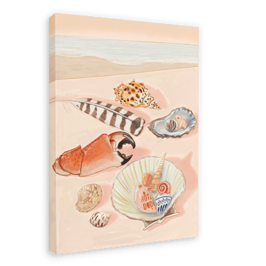 A beach scene featuring various seashells, a piece of coral, and a striped feather arranged on the sand, showcasing the Tiny Treasures Giclée Canvas Print by Hôtel Dodo. The ocean is visible in the background, evoking calm moments by the sea.