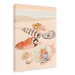 A beach scene featuring various seashells, a piece of coral, and a striped feather arranged on the sand, showcasing the Tiny Treasures Giclée Canvas Print by Hôtel Dodo. The ocean is visible in the background, evoking calm moments by the sea.