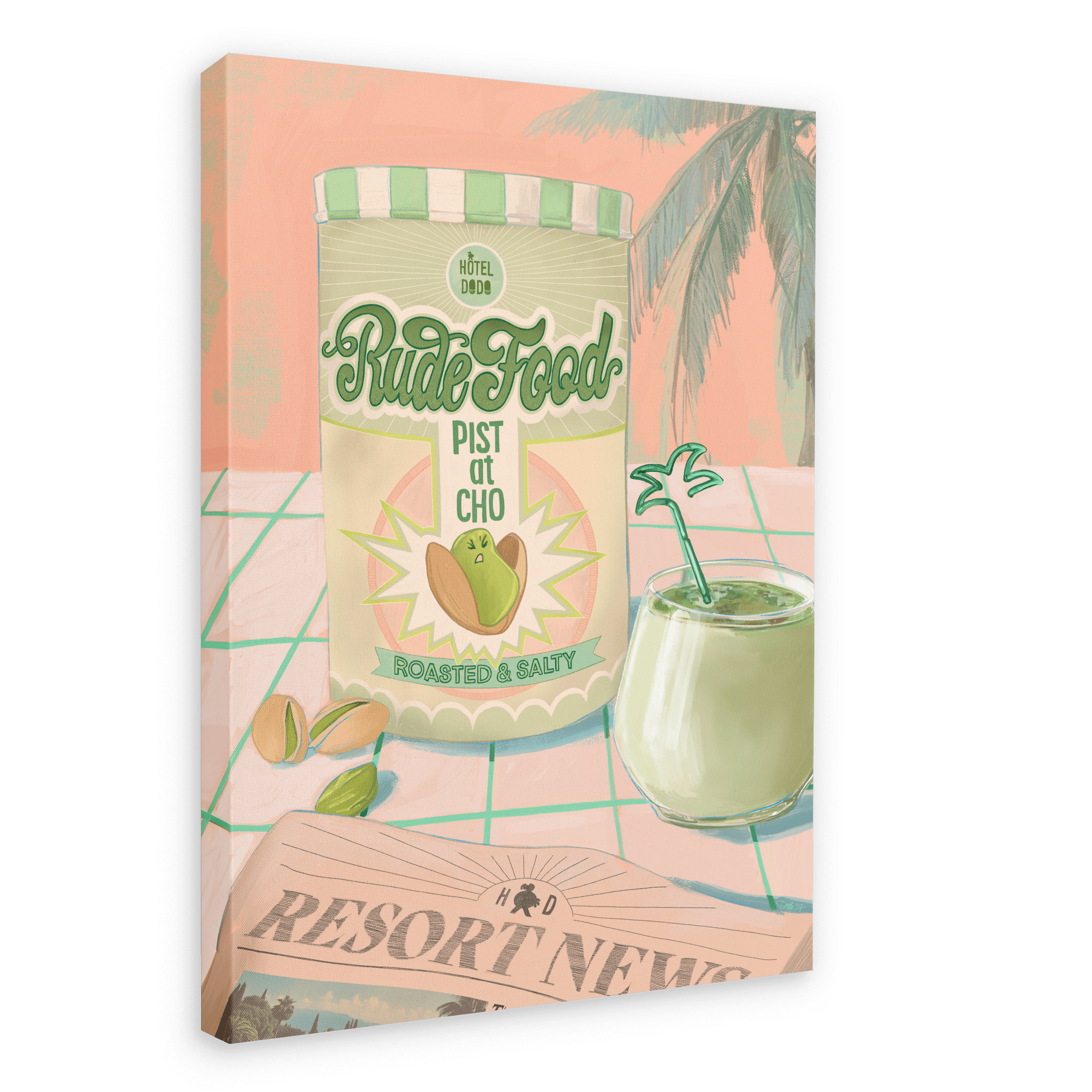 Illustration of the Rude Pistachio Giclée Canvas Print by Hôtel Dodo, featuring a bag of roasted and salty pistachios labeled 