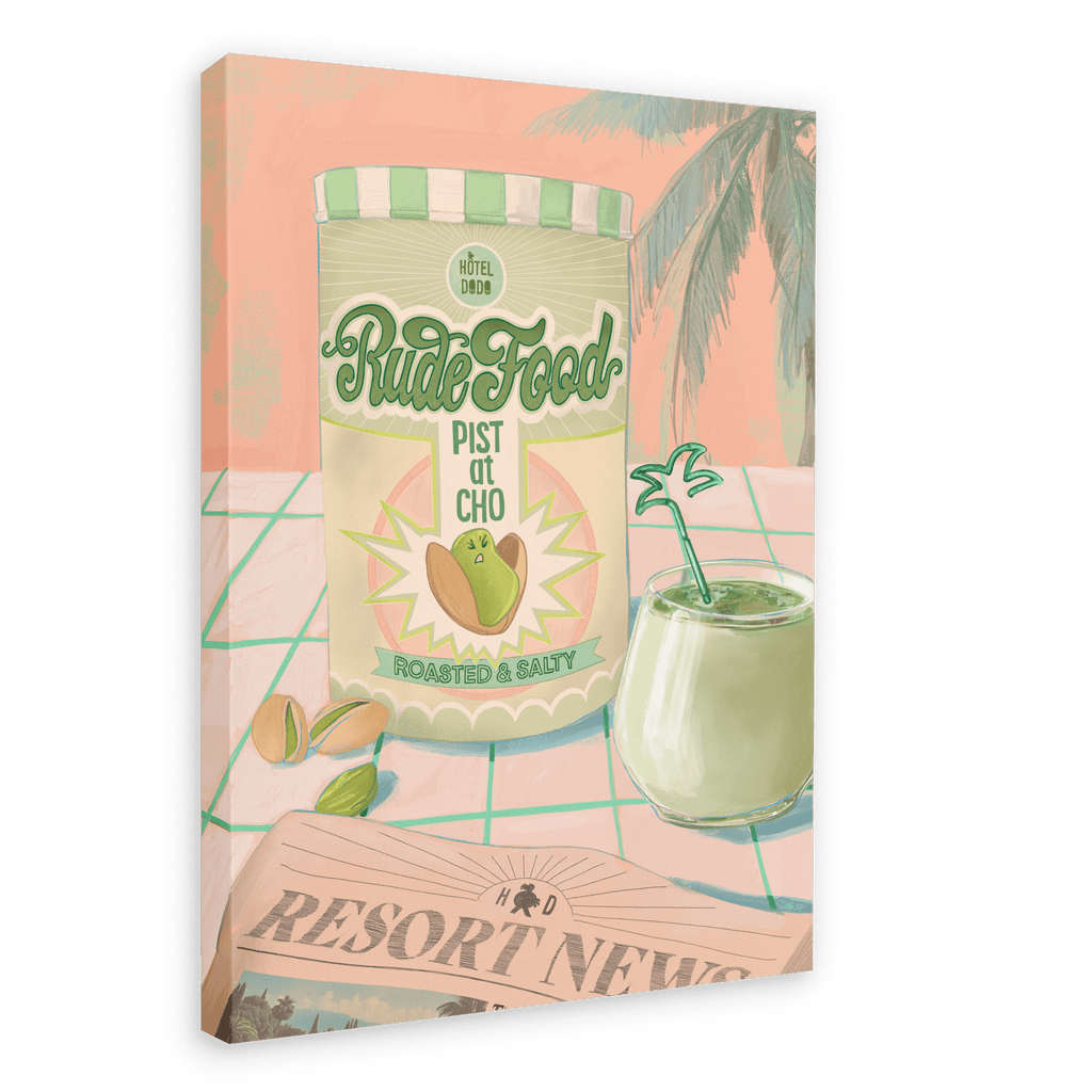 Illustration of the Rude Pistachio Giclée Canvas Print by Hôtel Dodo, featuring a bag of roasted and salty pistachios labeled "Rude Food" beside a tropical drink with a mini palm tree stirrer and a newspaper titled "Resort News," set against the backdrop of Hôtel Dodo's iconic palm trees.