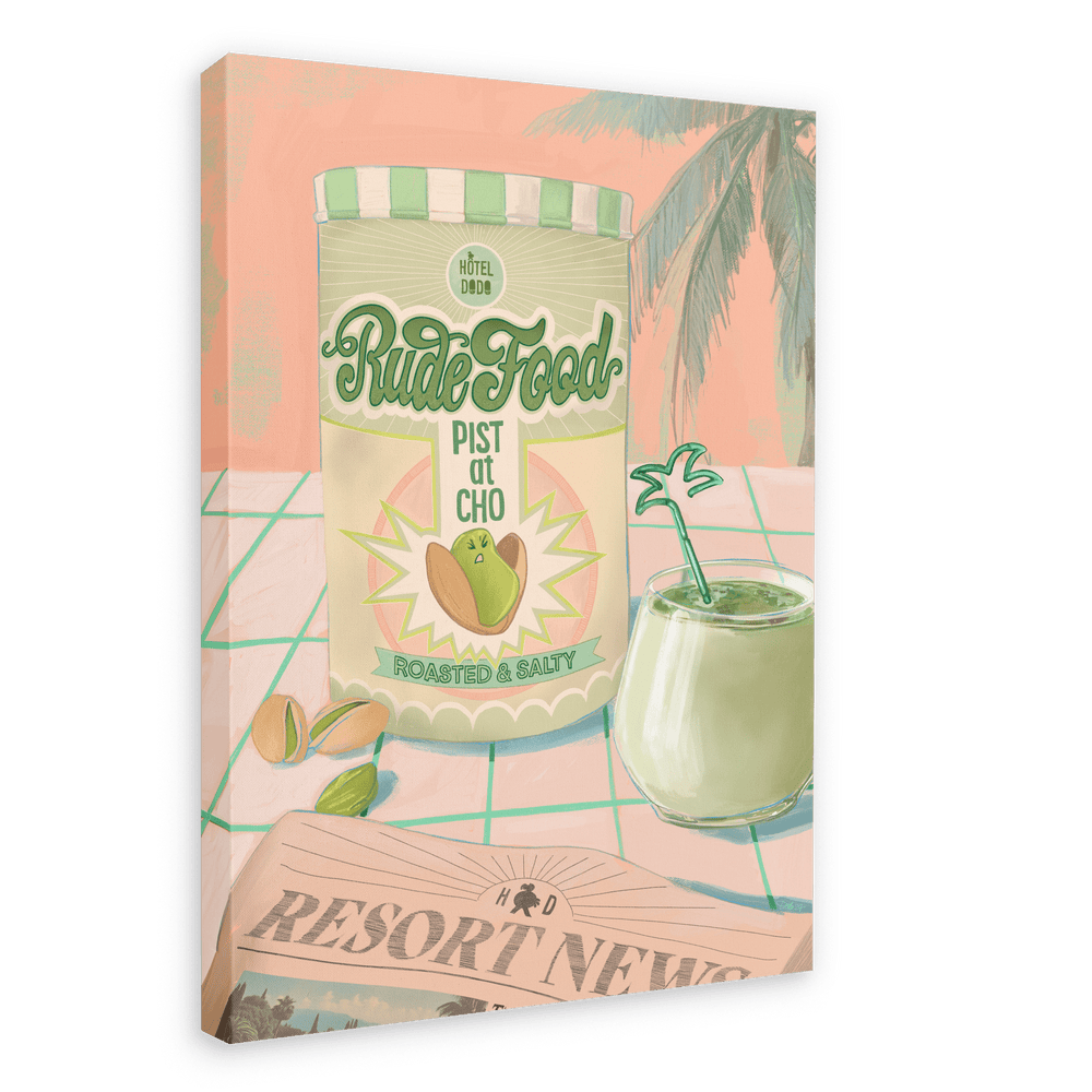 Illustration of a tropical-themed snack advertisement featuring a bag of Rude Pistachios by Hôtel Dodo next to a refreshing drink, with a vintage resort newspaper in the background.