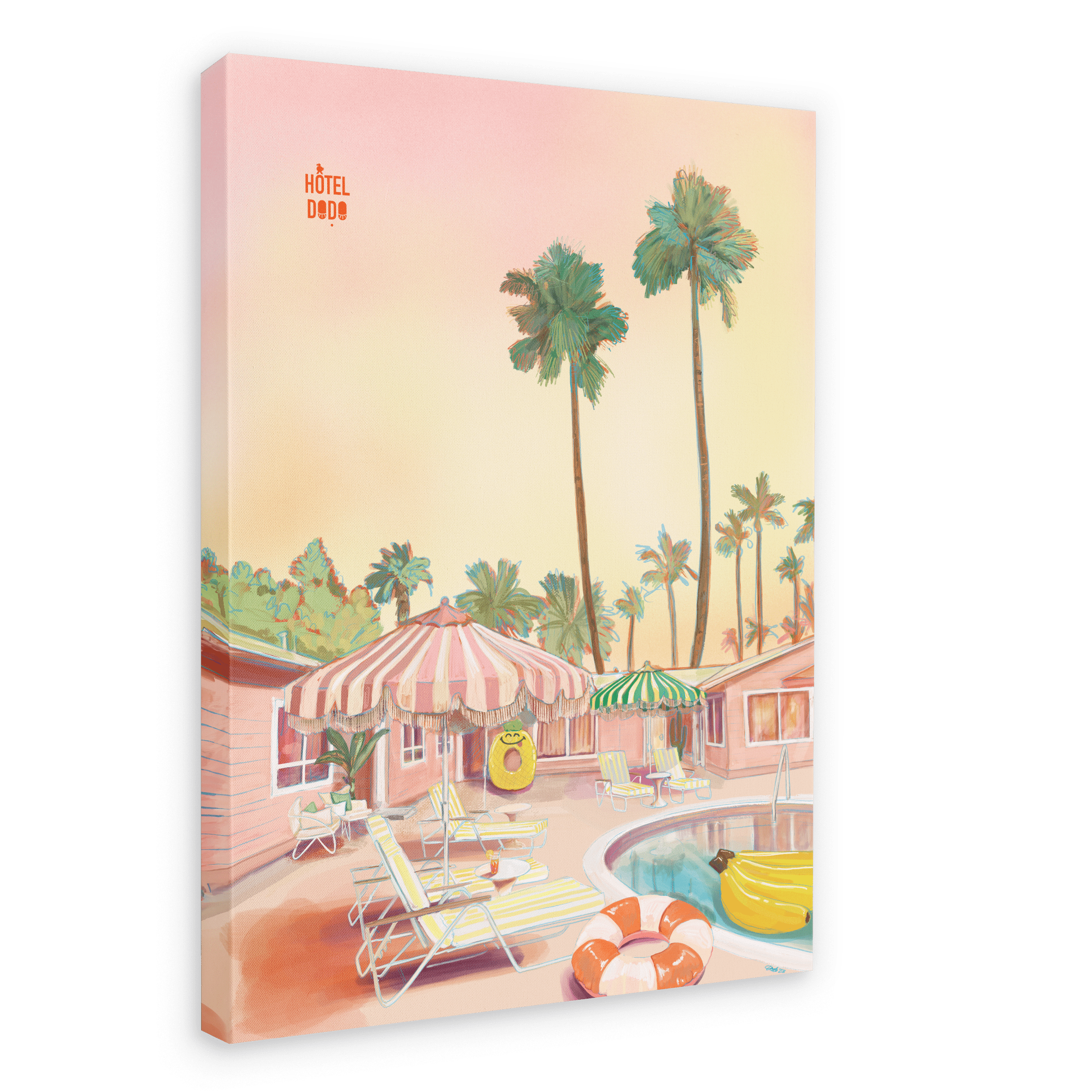 A pastel-colored illustration featured on the Hôtel Dodo Resort Giclée Canvas Print showcases a tropical resort pool area with lounge chairs, striped umbrellas, and tall palm trees, all set against the backdrop of a sunset sky and a hotel building labeled 
