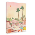 A pastel-colored illustration featured on the Hôtel Dodo Resort Giclée Canvas Print showcases a tropical resort pool area with lounge chairs, striped umbrellas, and tall palm trees, all set against the backdrop of a sunset sky and a hotel building labeled "Hôtel Dodo" in the corner.