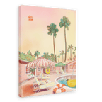 A pastel-colored illustration featured on the Hôtel Dodo Resort Giclée Canvas Print showcases a tropical resort pool area with lounge chairs, striped umbrellas, and tall palm trees, all set against the backdrop of a sunset sky and a hotel building labeled "Hôtel Dodo" in the corner.