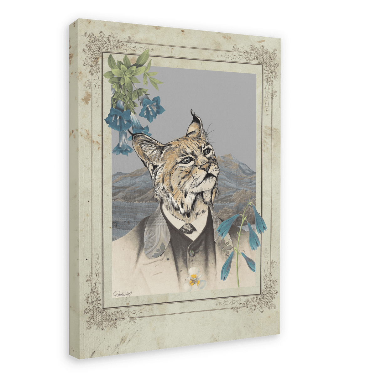 The “Bobcat In A Suit Canvas Print” by Animals In Suits features a whimsical bobcat with a human body dressed in a suit, set before a mountain landscape and framed by blue flowers—blending the allure of vintage botanical illustration with an inventive take on traditional bobcat art.