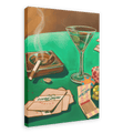On a green tabletop, an olive-garnished martini, a smoldering cigarette in an ashtray, matchbooks, Lucky Ducky Casino chips, and Hôtel Dodo’s signature playing cards are artfully arranged—like enigmatic clues in the corridors of a mind palace—in this evocative Lucky Ducky Casino Giclée Canvas Print from Hôtel Dodo.