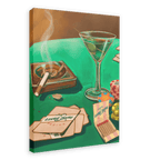 On a green tabletop, an olive-garnished martini, a smoldering cigarette in an ashtray, matchbooks, Lucky Ducky Casino chips, and Hôtel Dodo’s signature playing cards are artfully arranged—like enigmatic clues in the corridors of a mind palace—in this evocative Lucky Ducky Casino Giclée Canvas Print from Hôtel Dodo.