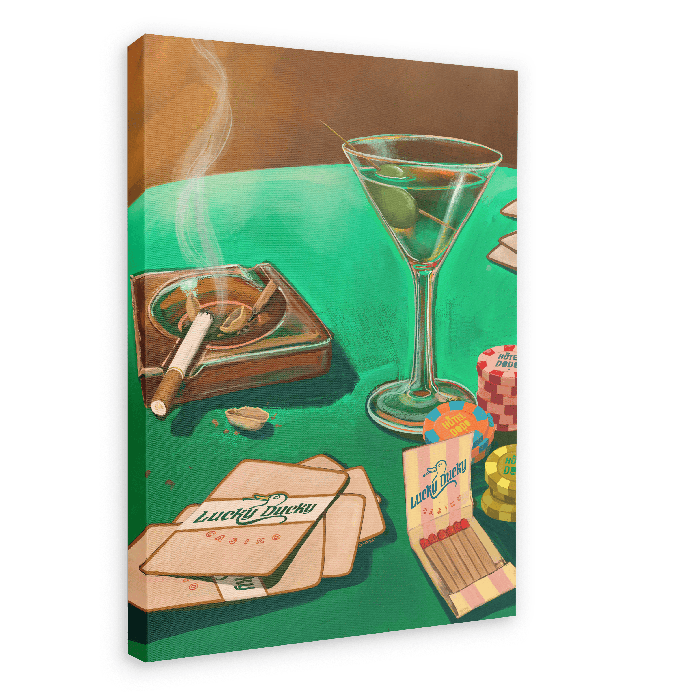 On a green tabletop, an olive-garnished martini, a smoldering cigarette in an ashtray, matchbooks, Lucky Ducky Casino chips, and Hôtel Dodo’s signature playing cards are artfully arranged—like enigmatic clues in the corridors of a mind palace—in this evocative Lucky Ducky Casino Giclée Canvas Print from Hôtel Dodo.
