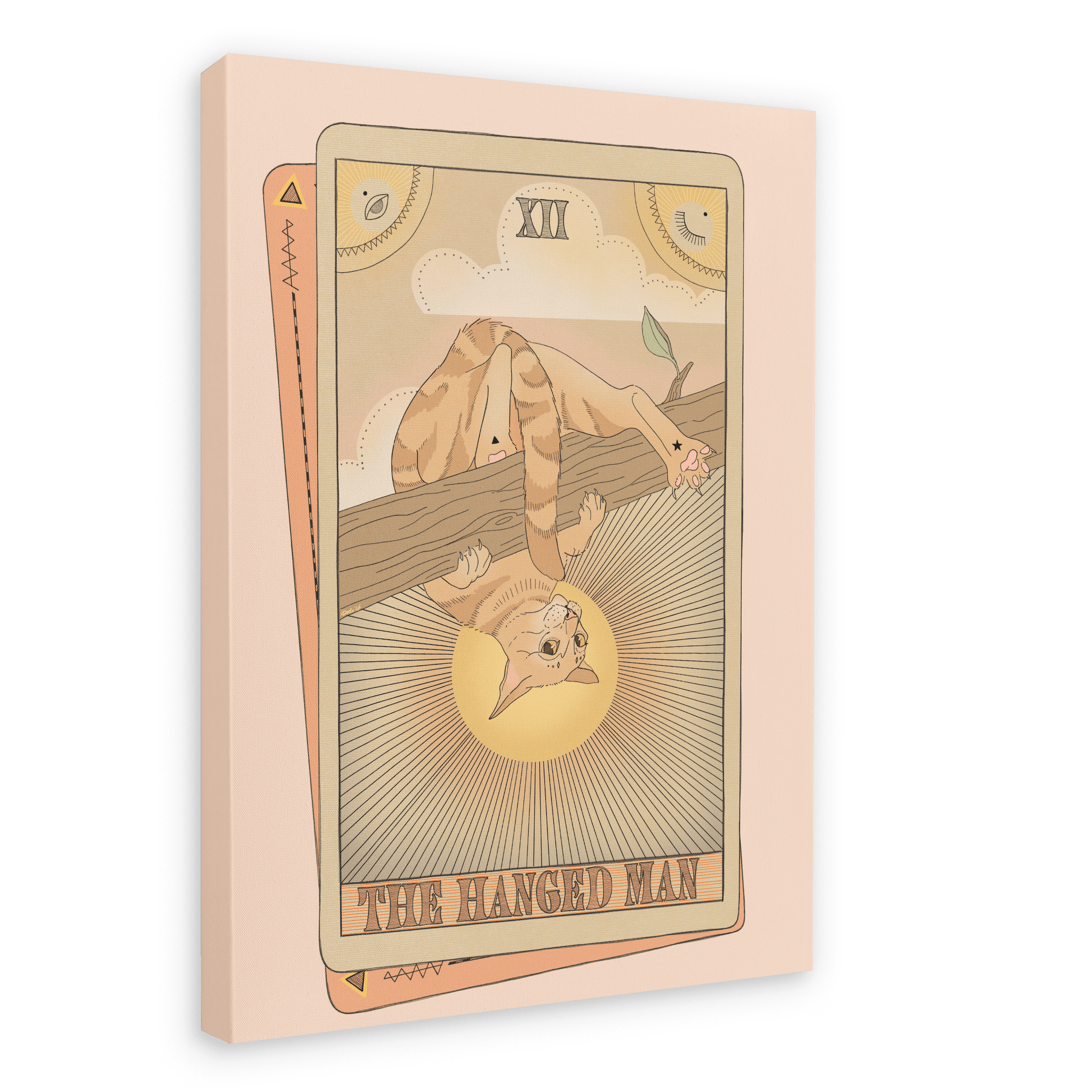 Tarot Cats’ “The Hanged Man Canvas Print” features a tarot card illustration of a cat hanging upside down by its tail from a branch, with sun rays in the background.