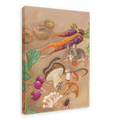 Introducing the Earthly Delights Giclée Canvas Print by Kitsch Kanaveral, featuring a captivating scene of vegetables, mushrooms, a mouse holding a red berry, and a beetle set against a beige background.
