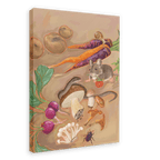 Introducing the Earthly Delights Giclée Canvas Print by Kitsch Kanaveral, featuring a captivating scene of vegetables, mushrooms, a mouse holding a red berry, and a beetle set against a beige background.