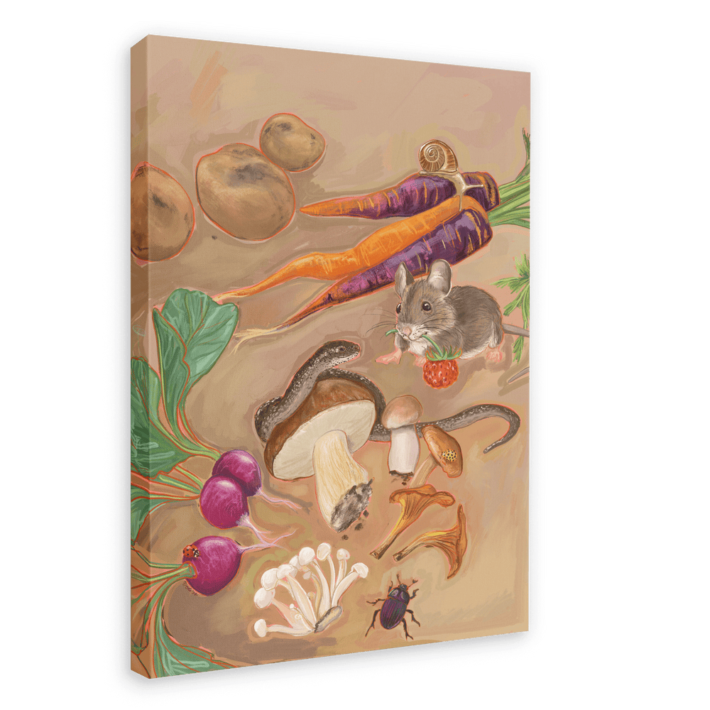 Introducing the Earthly Delights Giclée Canvas Print by Kitsch Kanaveral, featuring a captivating scene of vegetables, mushrooms, a mouse holding a red berry, and a beetle set against a beige background.