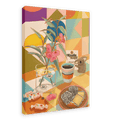 Bring the cozy vibes of Koala Kafé to your space with the Koala Kafé Giclée Canvas Print from Hôtel Dodo. This vibrant artwork features a whimsical scene with a table adorned with sweets—including a Lamington cake—a cup of coffee, a plant, and a tiny koala figurine, all set against a playful geometric background inspired by retro Australiana.