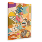 Bring the cozy vibes of Koala Kafé to your space with the Koala Kafé Giclée Canvas Print from Hôtel Dodo. This vibrant artwork features a whimsical scene with a table adorned with sweets—including a Lamington cake—a cup of coffee, a plant, and a tiny koala figurine, all set against a playful geometric background inspired by retro Australiana.