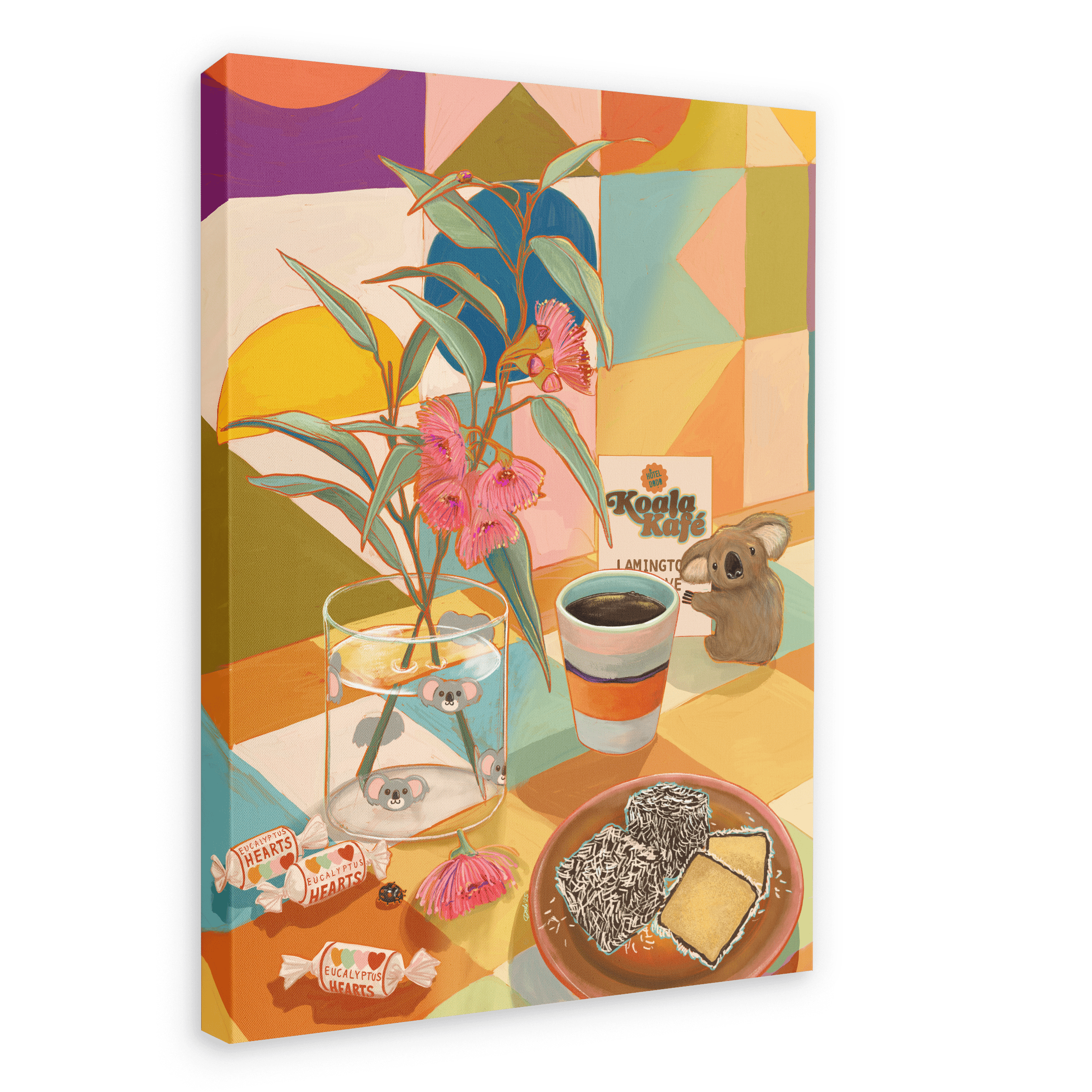 Bring the cozy vibes of Koala Kafé to your space with the Koala Kafé Giclée Canvas Print from Hôtel Dodo. This vibrant artwork features a whimsical scene with a table adorned with sweets—including a Lamington cake—a cup of coffee, a plant, and a tiny koala figurine, all set against a playful geometric background inspired by retro Australiana.