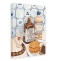 Sure! Here is a rewritten sentence incorporating the product data: Dutch Courage Giclée Canvas Print by Hôtel Dodo depicts a table scene featuring a Cat & Tonic bottle, a classic gin bottle, glassware, stroopwafels, a sprinkle-topped pastry, and a cat’s tail—all set before a striking blue-and-white tile wall.
