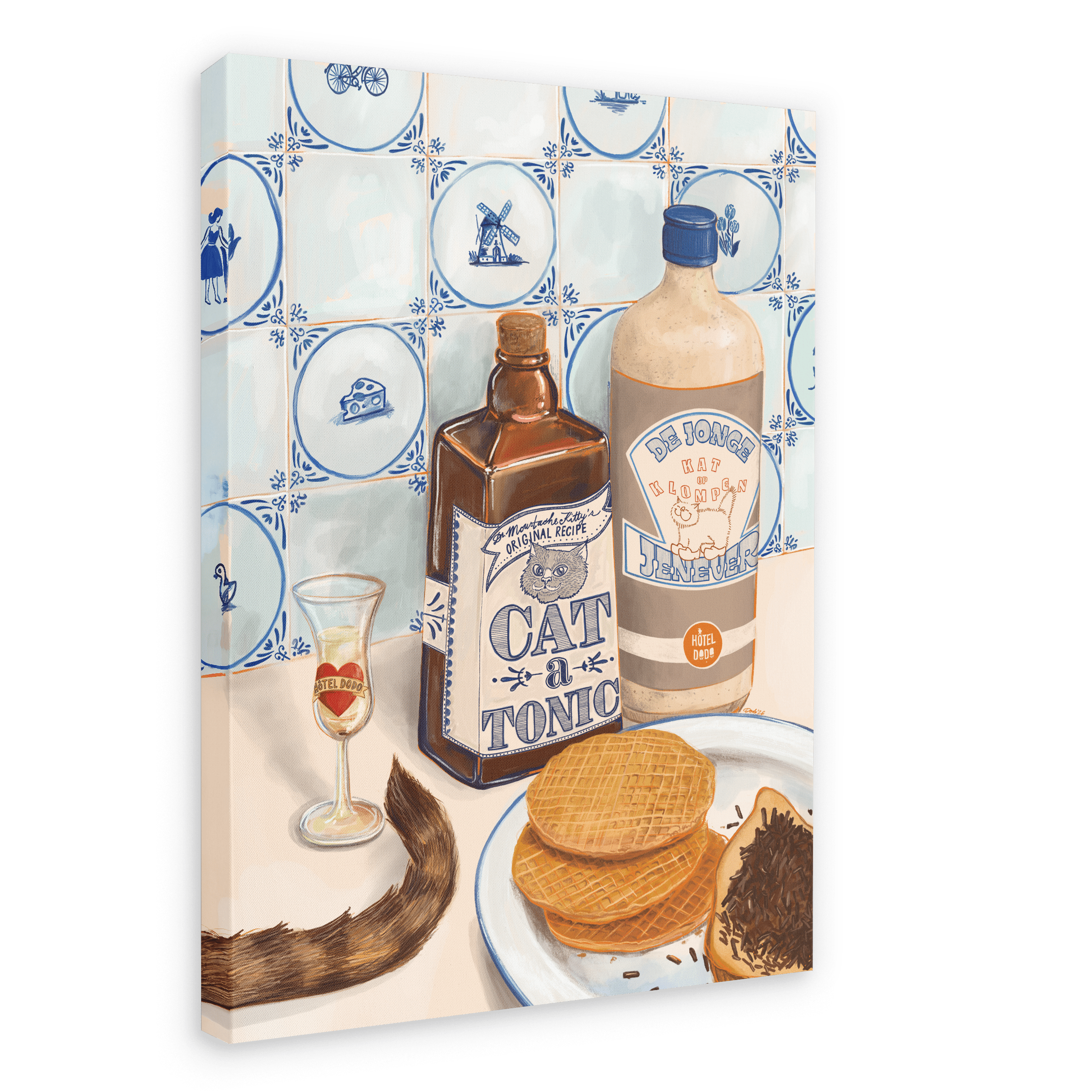 Sure! Here is a rewritten sentence incorporating the product data: Dutch Courage Giclée Canvas Print by Hôtel Dodo depicts a table scene featuring a Cat & Tonic bottle, a classic gin bottle, glassware, stroopwafels, a sprinkle-topped pastry, and a cat’s tail—all set before a striking blue-and-white tile wall.