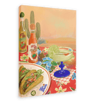 Sure! Here’s a revised version using the product data: A vibrant painting titled “Taco Belle Giclée Canvas Print” by Hôtel Dodo features crunchy tacos on a plate, a zesty margarita garnished with lime, two bottles of Bodega Cat Hot Sauce, and cactus plants set against a desert backdrop atop a red floral tablecloth.