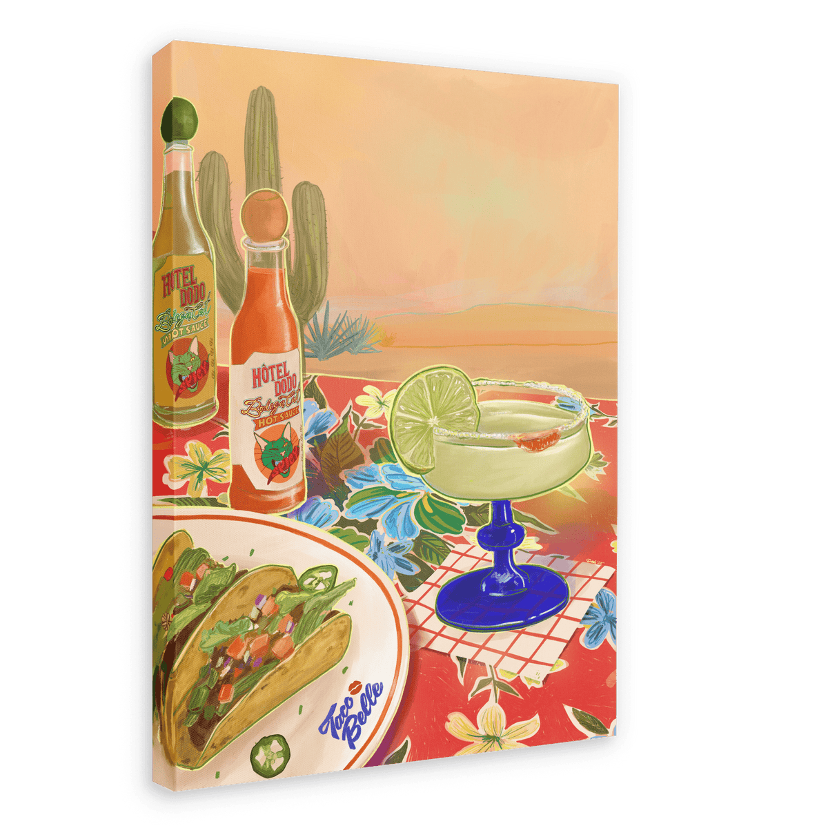 Sure! Here’s a revised version using the product data: A vibrant painting titled “Taco Belle Giclée Canvas Print” by Hôtel Dodo features crunchy tacos on a plate, a zesty margarita garnished with lime, two bottles of Bodega Cat Hot Sauce, and cactus plants set against a desert backdrop atop a red floral tablecloth.