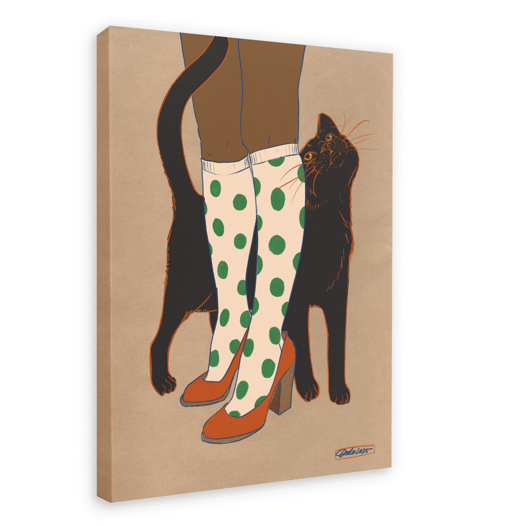 Encounters of the Purred Kind I Matte Canvas Print by Beauty and the Beastie: a charming illustration of a lucky black cat weaving around legs clad in knee-high white boots with green polka dots and orange heels.