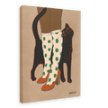 Encounters of the Purred Kind I Matte Canvas Print by Beauty and the Beastie: a charming illustration of a lucky black cat weaving around legs clad in knee-high white boots with green polka dots and orange heels.