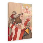 A monkey in a red vest sits on a striped table with popcorn, a coconut, and cotton candy—perhaps dreaming of circus games and funfair delights. In the background hangs the “Coconut Shy Cirque Du Dodo” Giclée Canvas Print by Hôtel Dodo.