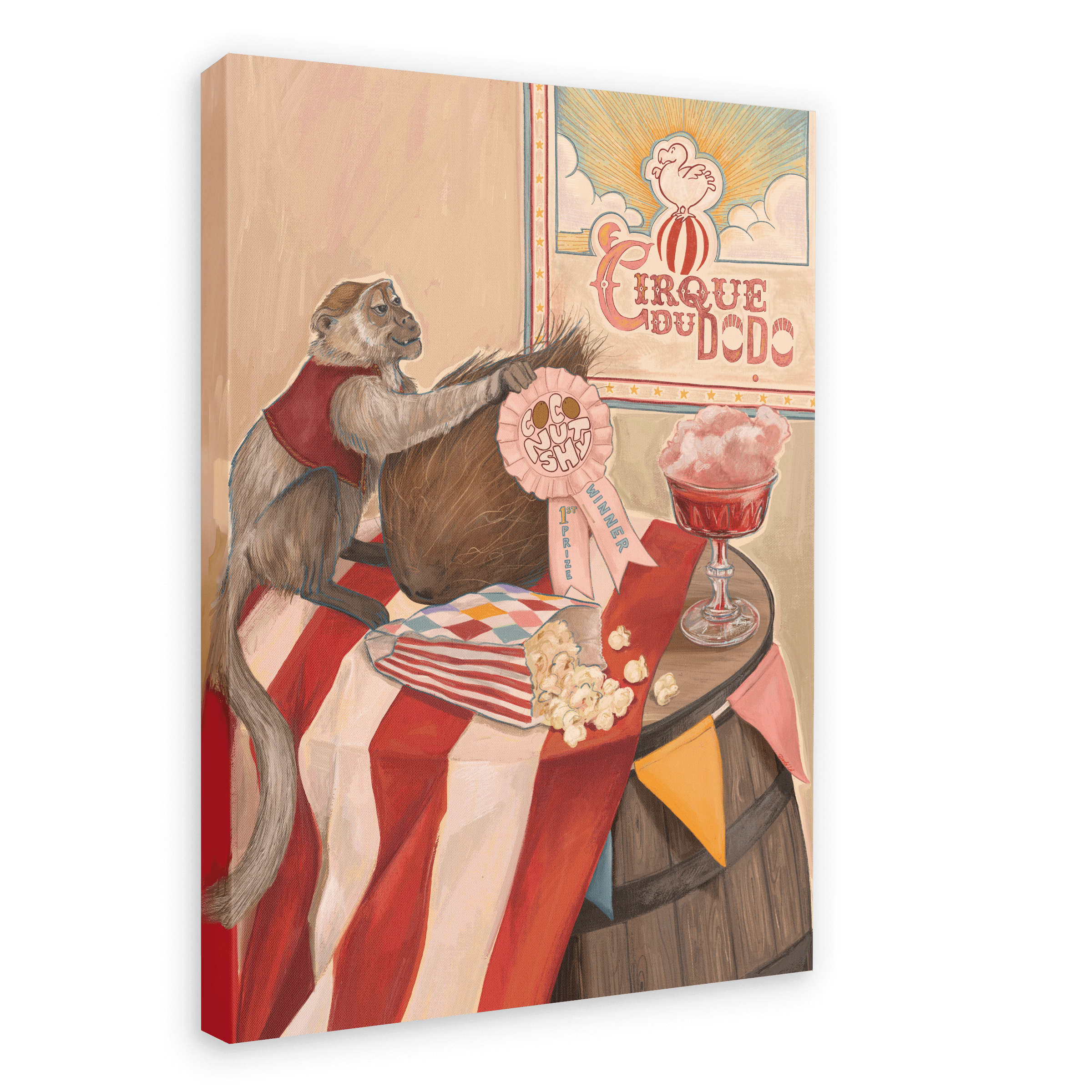 A monkey in a red vest sits on a striped table with popcorn, a coconut, and cotton candy—perhaps dreaming of circus games and funfair delights. In the background hangs the “Coconut Shy Cirque Du Dodo” Giclée Canvas Print by Hôtel Dodo.