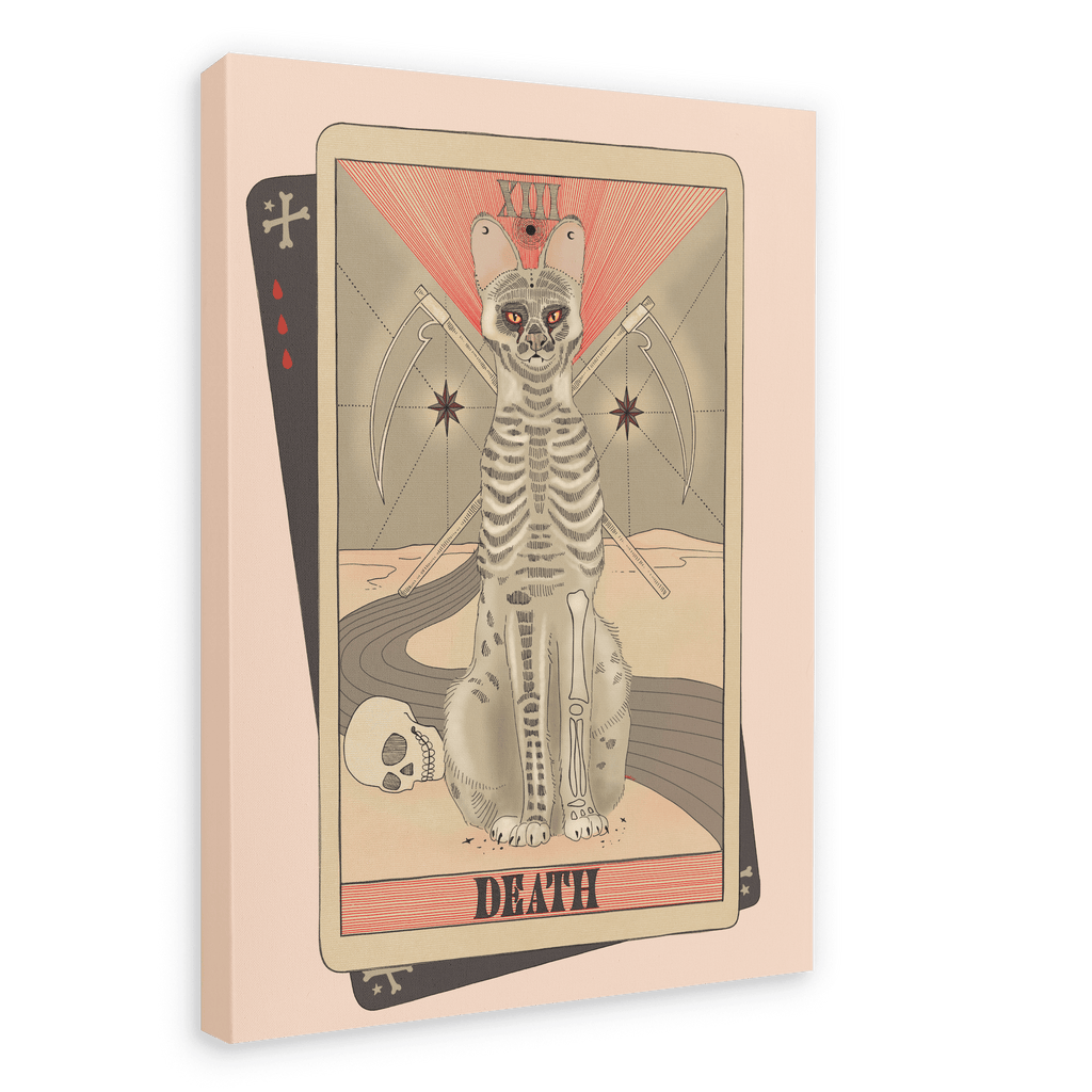 Showcasing the Death Canvas Print by Tarot Cats, this artwork features a hairless cat illustrated on a vintage tarot card labeled “Death,” complete with a skull, scythe, and the Roman numeral XIII in the background, all set against a plain light backdrop.