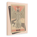 Showcasing the Death Canvas Print by Tarot Cats, this artwork features a hairless cat illustrated on a vintage tarot card labeled “Death,” complete with a skull, scythe, and the Roman numeral XIII in the background, all set against a plain light backdrop.