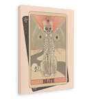 Showcasing the Death Canvas Print by Tarot Cats, this artwork features a hairless cat illustrated on a vintage tarot card labeled “Death,” complete with a skull, scythe, and the Roman numeral XIII in the background, all set against a plain light backdrop.