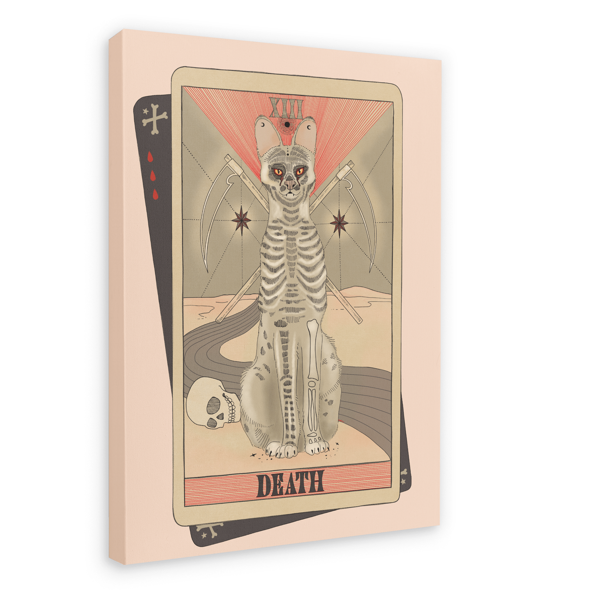Showcasing the Death Canvas Print by Tarot Cats, this artwork features a hairless cat illustrated on a vintage tarot card labeled “Death,” complete with a skull, scythe, and the Roman numeral XIII in the background, all set against a plain light backdrop.