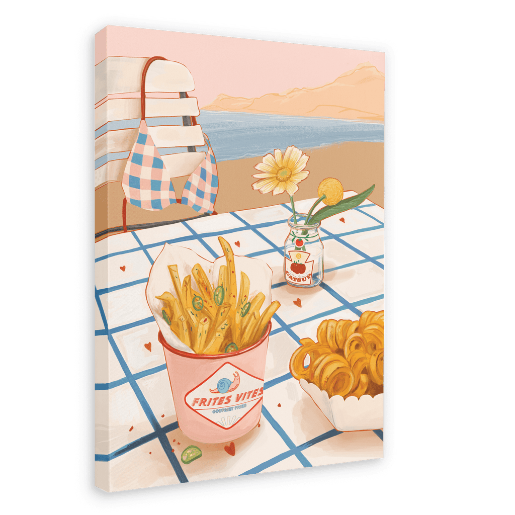 The “Frites Vites Giclée Canvas Print” by Hôtel Dodo captures a seaside restaurant scene, featuring a table adorned with gourmet and curly fries, plus a flower in a jar. In the background, a striped chair and bikini top are visible, all set against the backdrop of a breathtaking sea view.