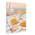 The “Frites Vites Giclée Canvas Print” by Hôtel Dodo captures a seaside restaurant scene, featuring a table adorned with gourmet and curly fries, plus a flower in a jar. In the background, a striped chair and bikini top are visible, all set against the backdrop of a breathtaking sea view.