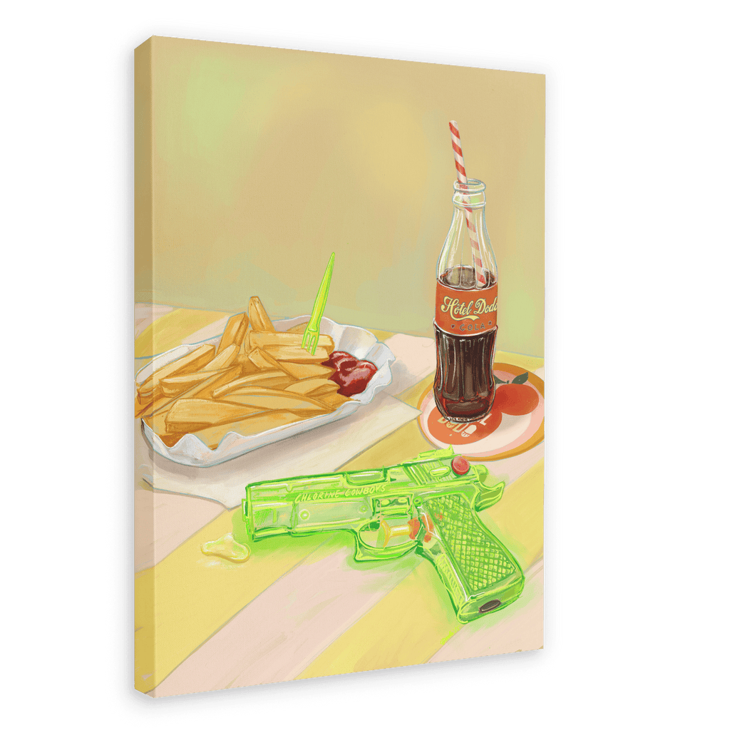 A tray of fries with ketchup, a bottle of soda with a straw, and a green toy water gun rest on a striped table—capturing the playful spirit of holiday memories and curated table settings depicted in Hôtel Dodo’s Chlorine Cowboys Giclée Canvas Print.
