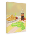 A tray of fries with ketchup, a bottle of soda with a straw, and a green toy water gun rest on a striped table—capturing the playful spirit of holiday memories and curated table settings depicted in Hôtel Dodo’s Chlorine Cowboys Giclée Canvas Print.