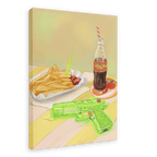 A tray of fries with ketchup, a bottle of soda with a straw, and a green toy water gun rest on a striped table—capturing the playful spirit of holiday memories and curated table settings depicted in Hôtel Dodo’s Chlorine Cowboys Giclée Canvas Print.