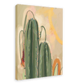 The Saguaro Sundown Giclée Canvas Print by Heat Flares showcases two tall, green cacti adorned with small flowers, set against a pastel background with abstract shapes.