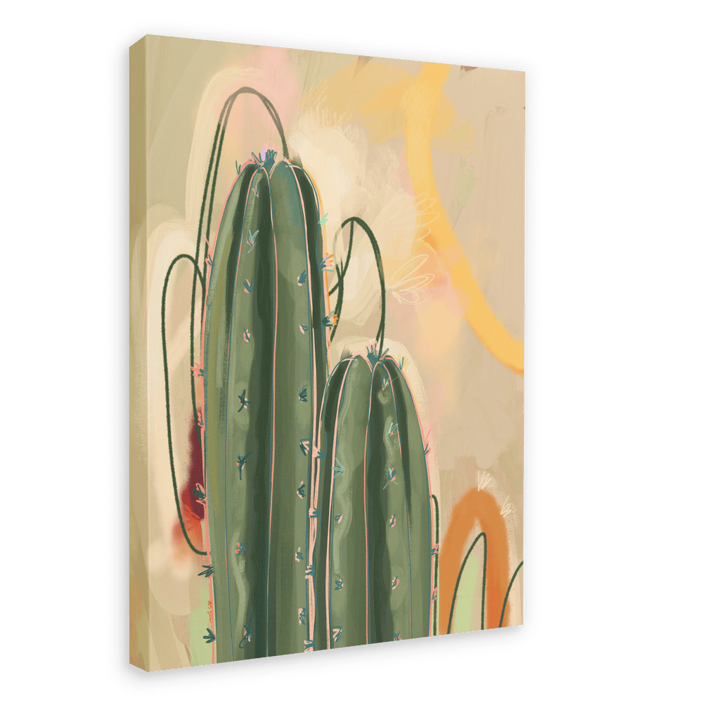 The Saguaro Sundown Giclée Canvas Print by Heat Flares showcases two tall, green cacti adorned with small flowers, set against a pastel background with abstract shapes.