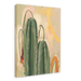 The Saguaro Sundown Giclée Canvas Print by Heat Flares showcases two tall, green cacti adorned with small flowers, set against a pastel background with abstract shapes.