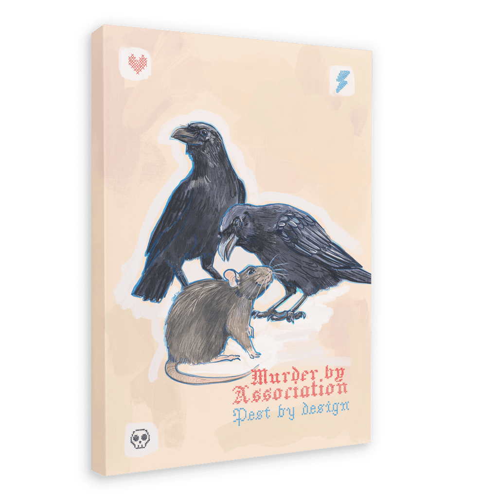 Bring your walls to life with the Murder Pest Matte Canvas Print by International Pestsellers, featuring an illustration of two crows and a rat together, emphasizing the link between common pests. “Murder by Association Pest by design” appears in bold red and blue stylized font at the bottom.
