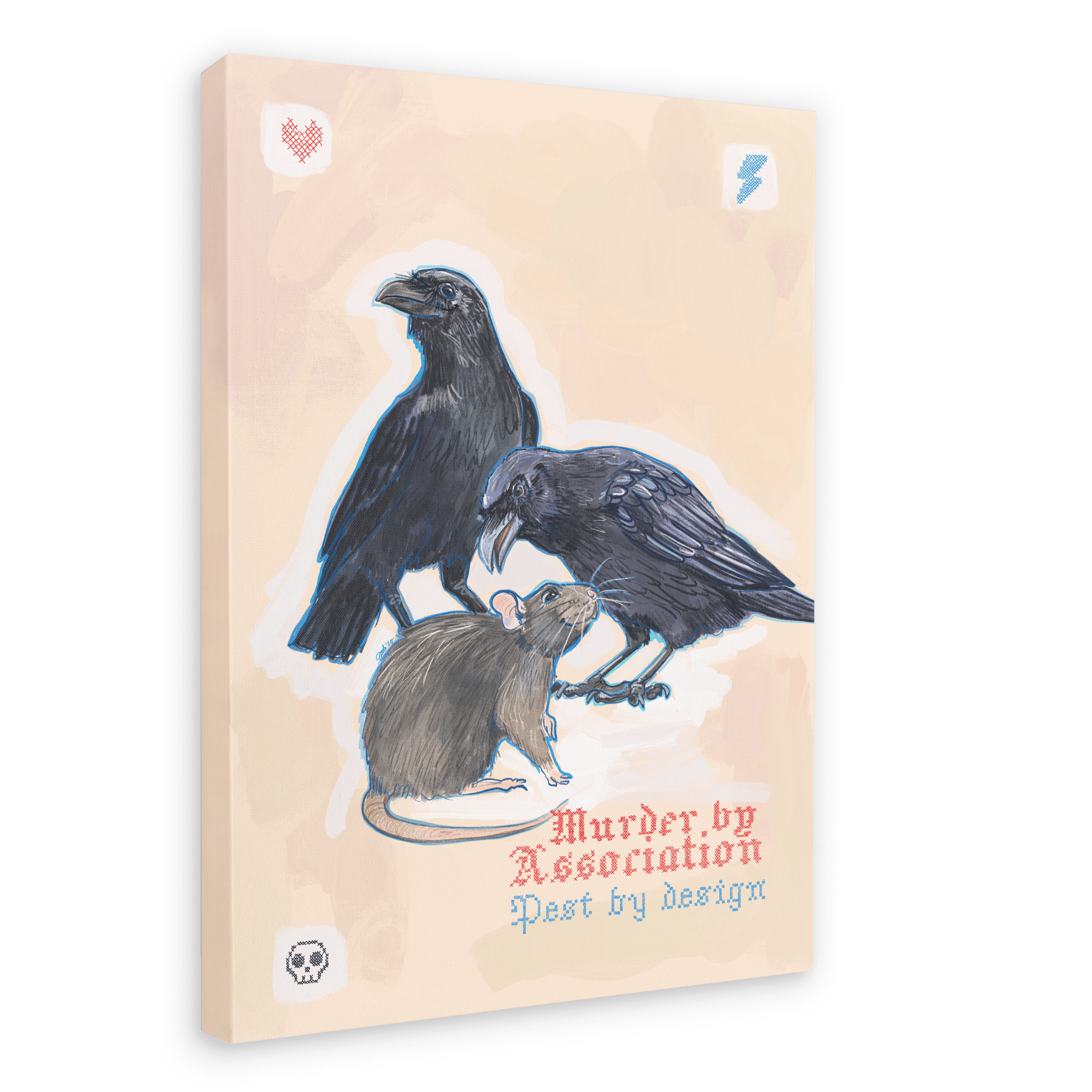Bring your walls to life with the Murder Pest Matte Canvas Print by International Pestsellers, featuring an illustration of two crows and a rat together, emphasizing the link between common pests. “Murder by Association Pest by design” appears in bold red and blue stylized font at the bottom.