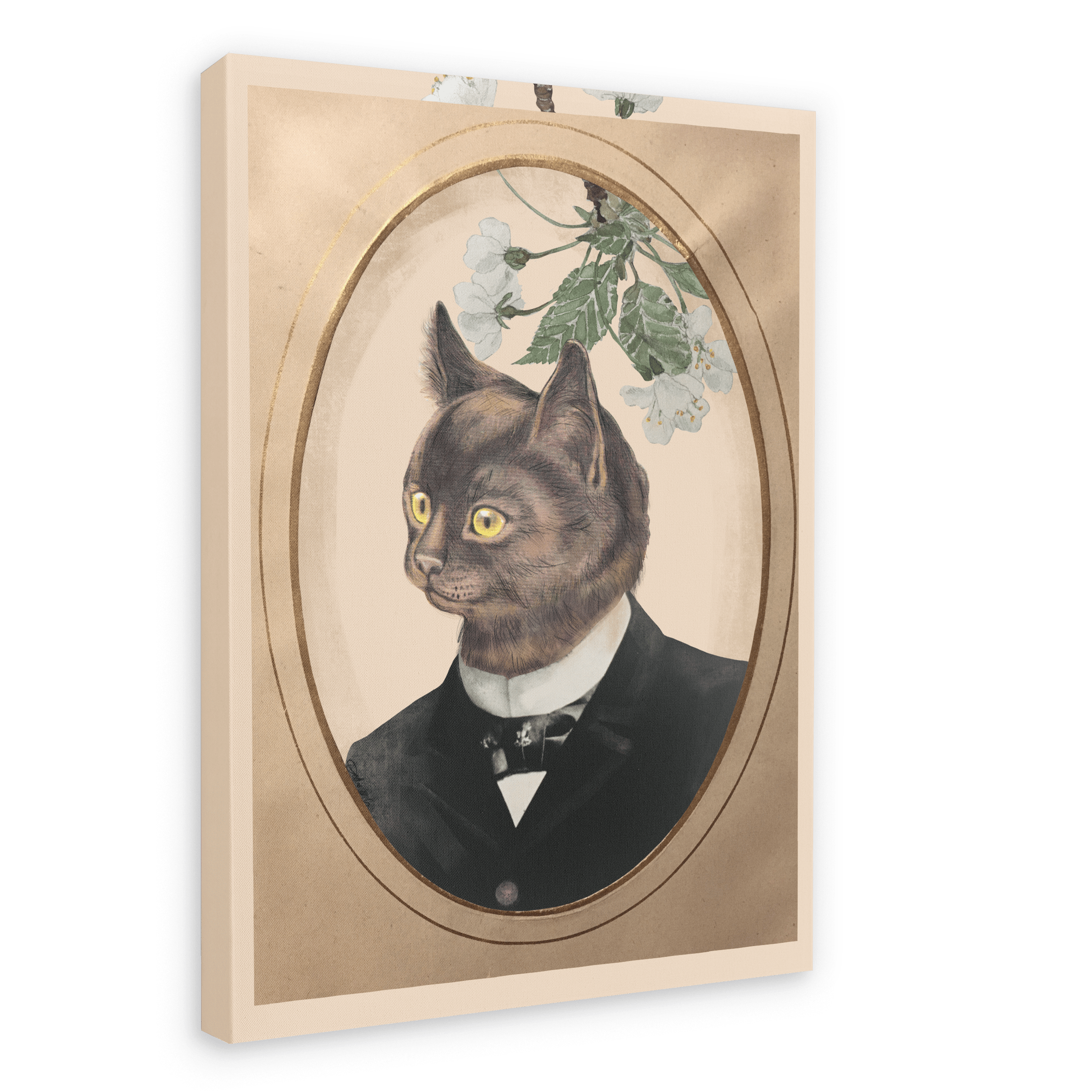 Introducing the Cat In A Suit Canvas Print by Animals In Suits—a framed portrait featuring a black cat elegantly dressed in a formal suit, posed against a beige backdrop adorned with white flowers and green leaves at the top. This vintage botanical-inspired design creates a delightful cat collage that combines classic sophistication with playful charm.
