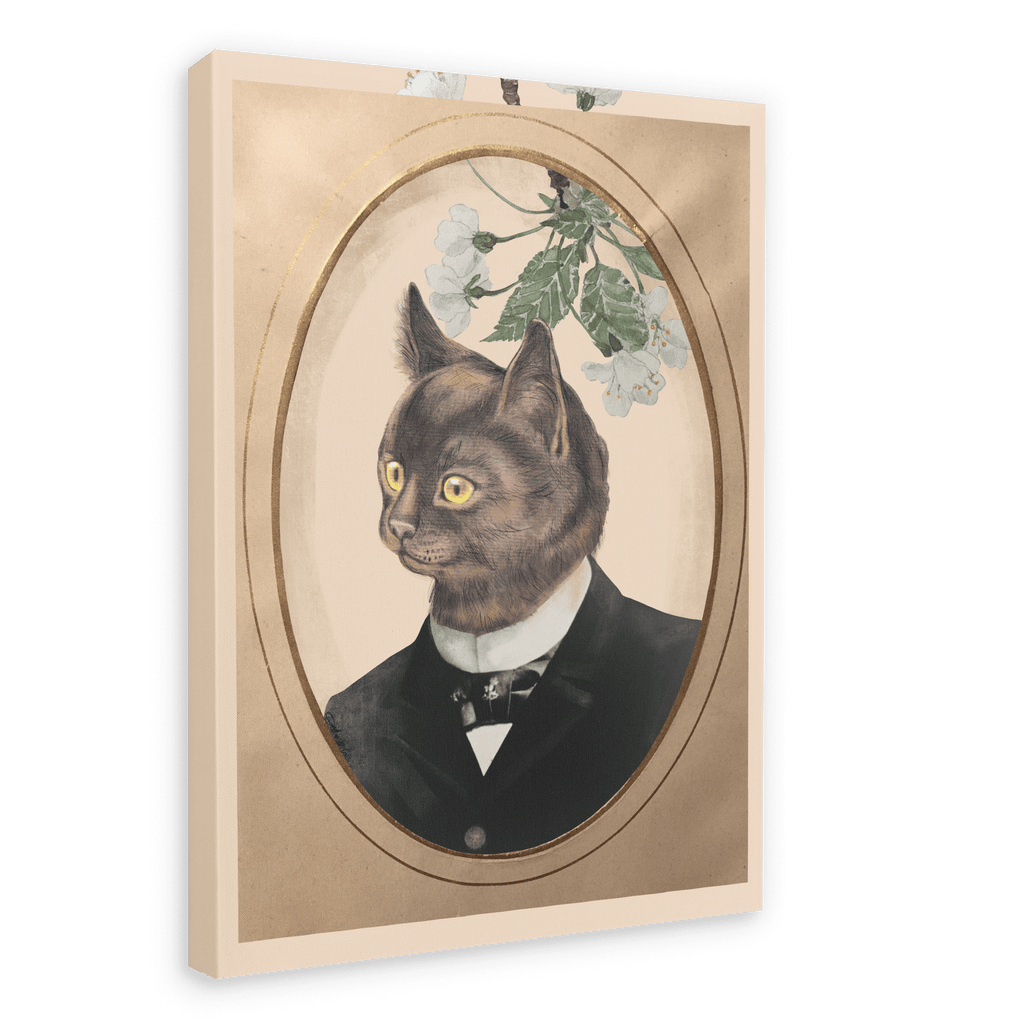 Introducing the Cat In A Suit Canvas Print by Animals In Suits—a framed portrait featuring a black cat elegantly dressed in a formal suit, posed against a beige backdrop adorned with white flowers and green leaves at the top. This vintage botanical-inspired design creates a delightful cat collage that combines classic sophistication with playful charm.
