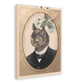 Introducing the Cat In A Suit Canvas Print by Animals In Suits—a framed portrait featuring a black cat elegantly dressed in a formal suit, posed against a beige backdrop adorned with white flowers and green leaves at the top. This vintage botanical-inspired design creates a delightful cat collage that combines classic sophistication with playful charm.