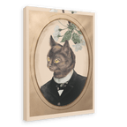 Introducing the Cat In A Suit Canvas Print by Animals In Suits—a framed portrait featuring a black cat elegantly dressed in a formal suit, posed against a beige backdrop adorned with white flowers and green leaves at the top. This vintage botanical-inspired design creates a delightful cat collage that combines classic sophistication with playful charm.