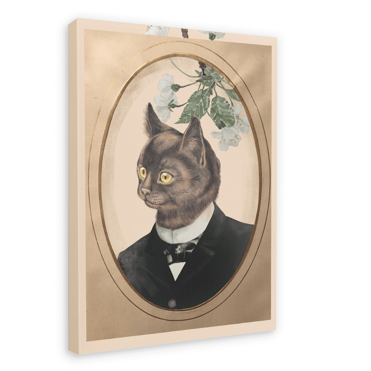 Introducing the Cat In A Suit Canvas Print by Animals In Suits—a framed portrait featuring a black cat elegantly dressed in a formal suit, posed against a beige backdrop adorned with white flowers and green leaves at the top. This vintage botanical-inspired design creates a delightful cat collage that combines classic sophistication with playful charm.