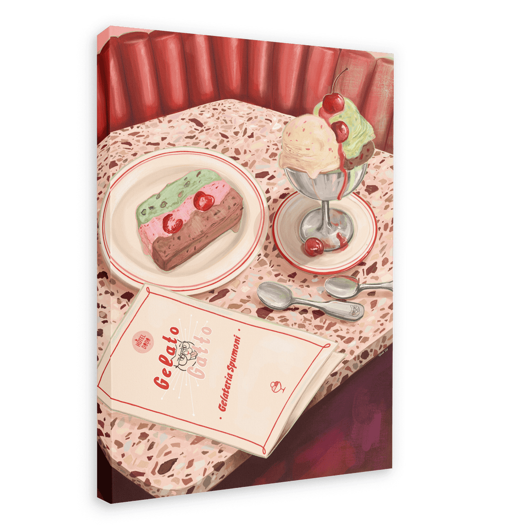 A Gelato Gatto Giclée Canvas Print by Hôtel Dodo featuring a terrazzo tabletop with a slice of spumoni ice cream cake on a plate, a sundae in a metal dish, two spoons, and a menu, set against the backdrop of a red booth.